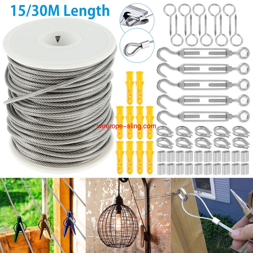 15M/30M Picture Wire Cable Railing Kit Garden Heavy Duty Screw Eye Screw Turnbuckle Wire Tensioner Strainer Coated Cable Rope