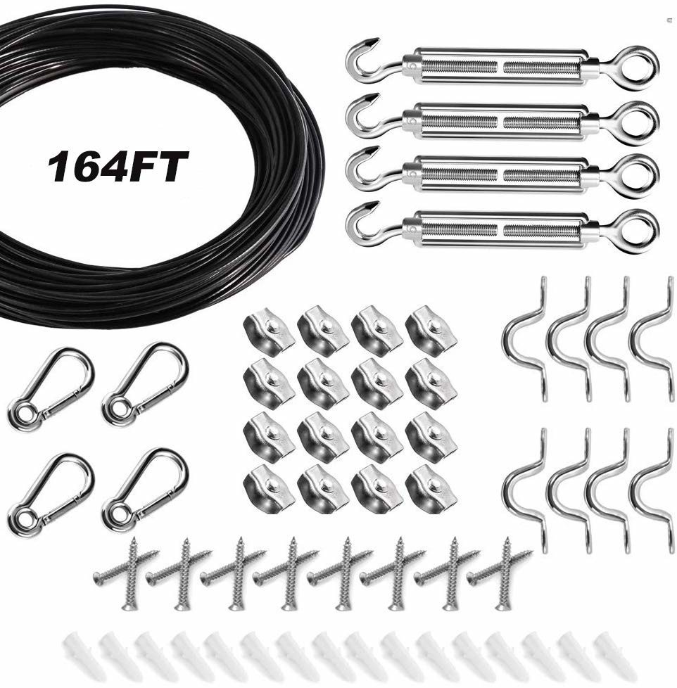 String Light Hanging Kit with 164 Ft Nylon Coated Stainless Steel 304 Wire Rope 