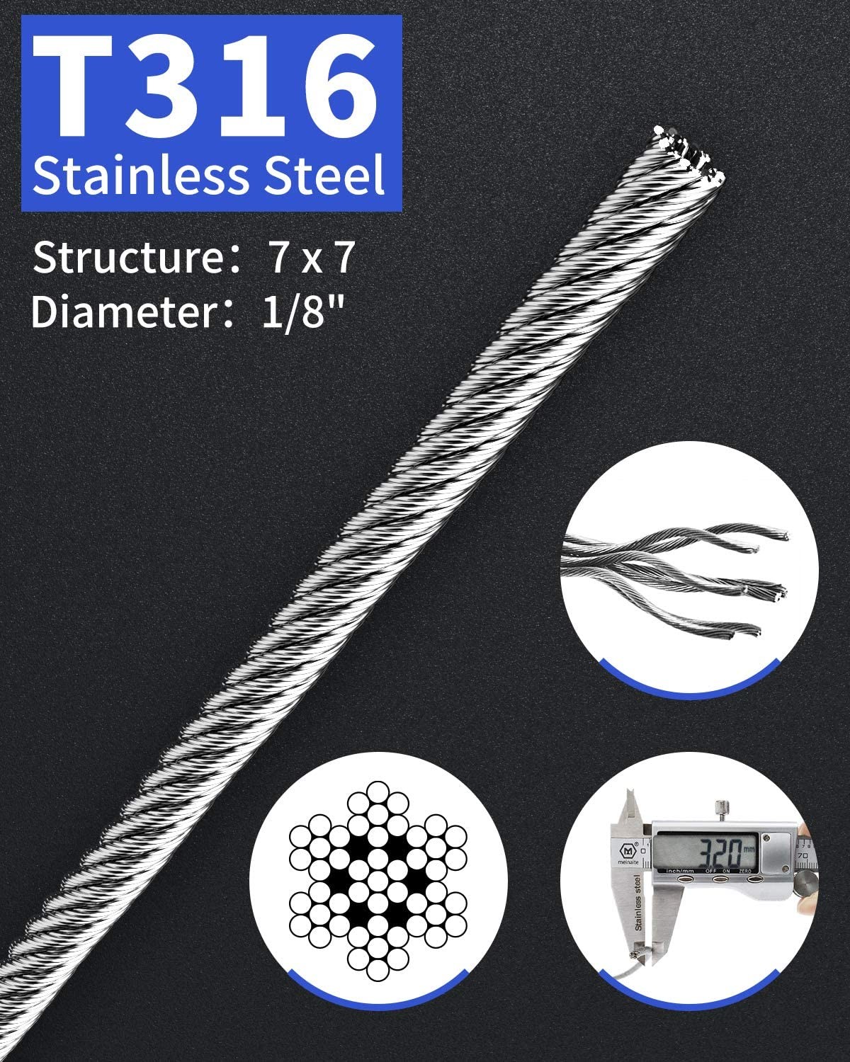 thumbnail image 2 of VEVOR 1/8 T316 Stainless Steel Cable 500FT, 7x7 Flexible Core Cable Railing System Wire Rope 2 of 14