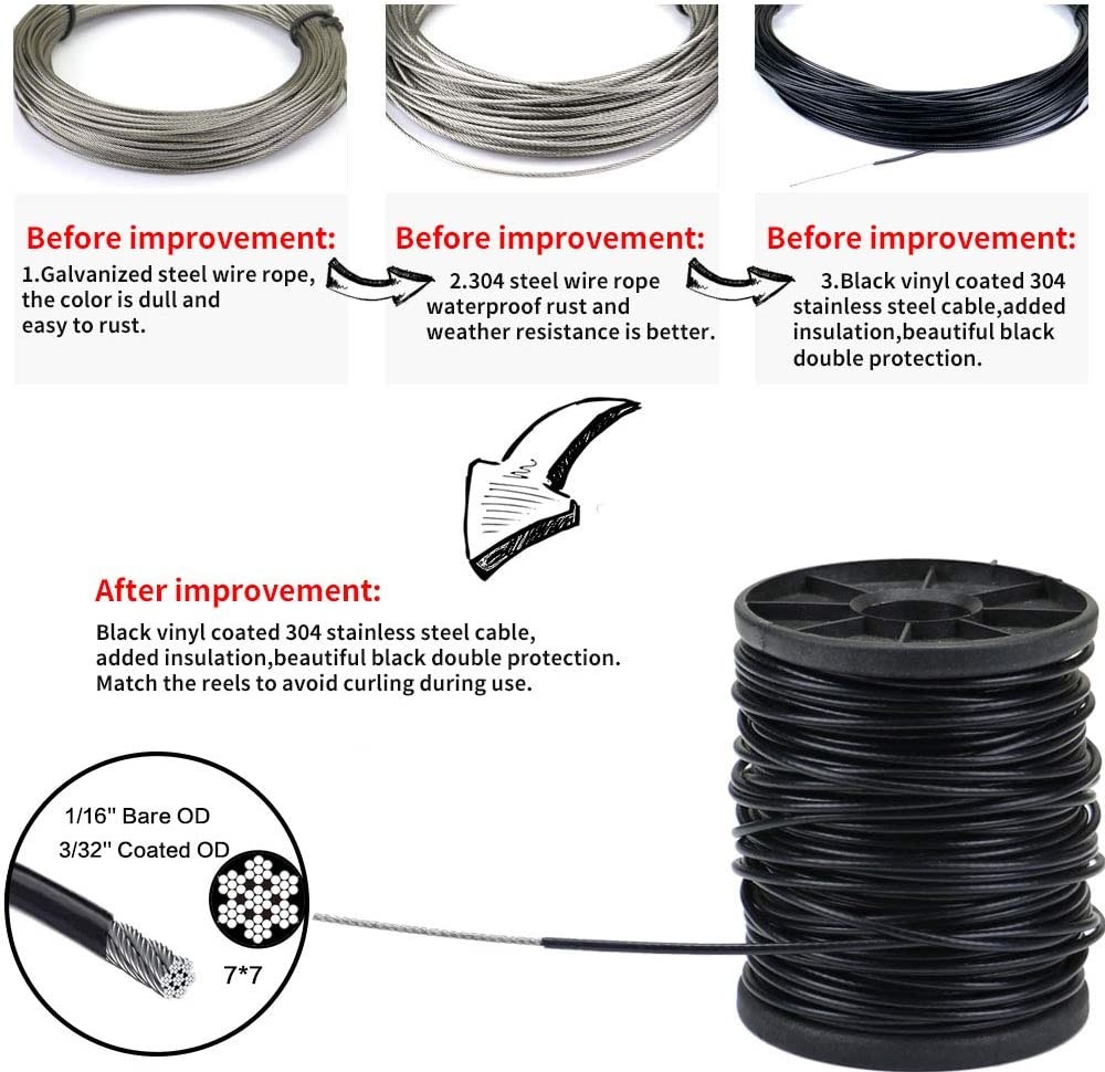 100ft Black Vinyl Coated Stainless Steel Wire Rope (2mm) | 304 Stainless Steel, 480lb Strength, With 50 Aluminum Sleeves