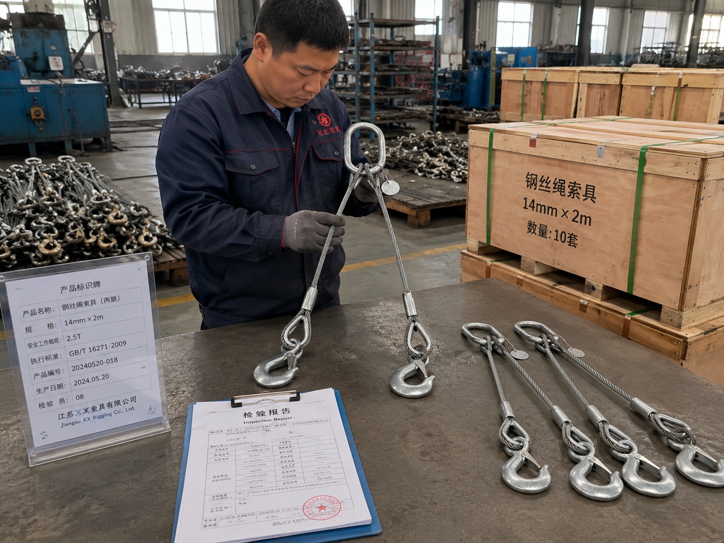 2 Leg Wire Rope Sling 14mm x 2m Production and Packing 2 leg wire rope sling 14mm x 2m production and packing with inspection documents metal tags pallets and wooden cases