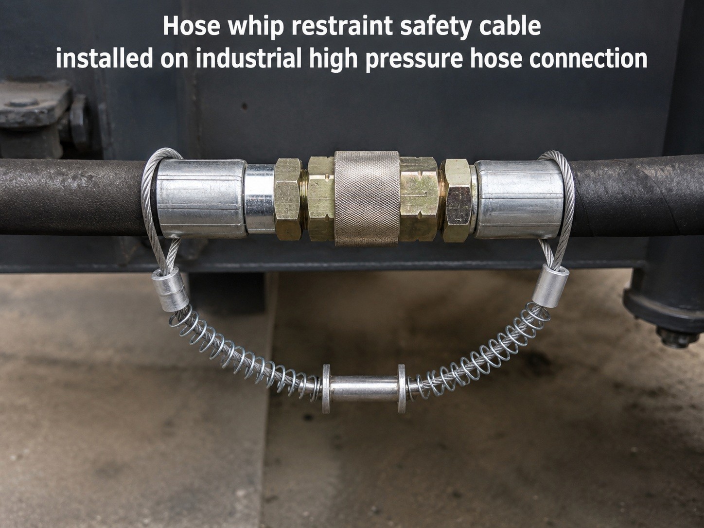 Hose whip restraint safety cable installed on industrial high pressure hose connectio Hose whip restraint safety cable installed on industrial high pressure hose connectio