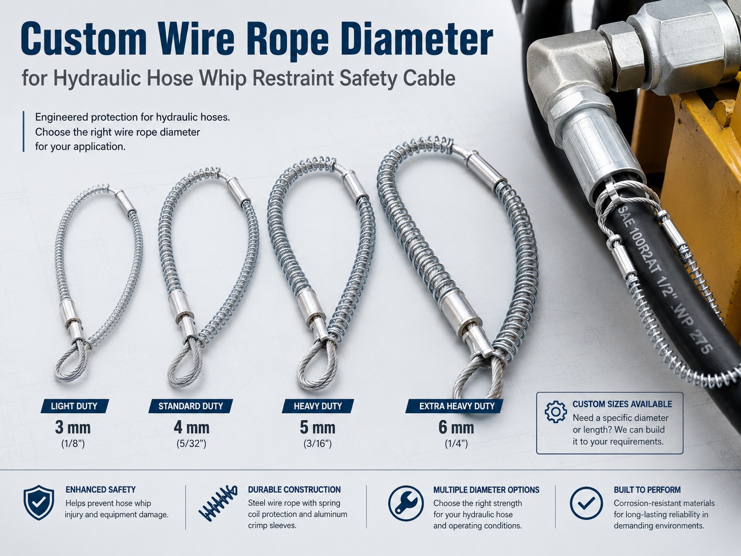 Custom wire rope diameter for hydraulic hose whip restraint safety cable Custom wire rope diameter for hydraulic hose whip restraint safety cable