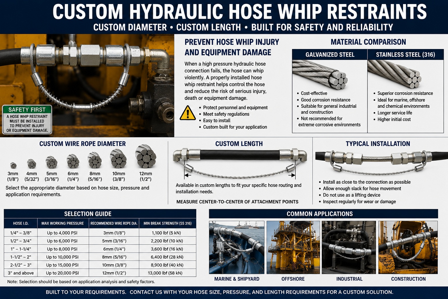 Custom length hydraulic hose whip restraint for high pressure hose connection Custom length hydraulic hose whip restraint for high pressure hose connection
