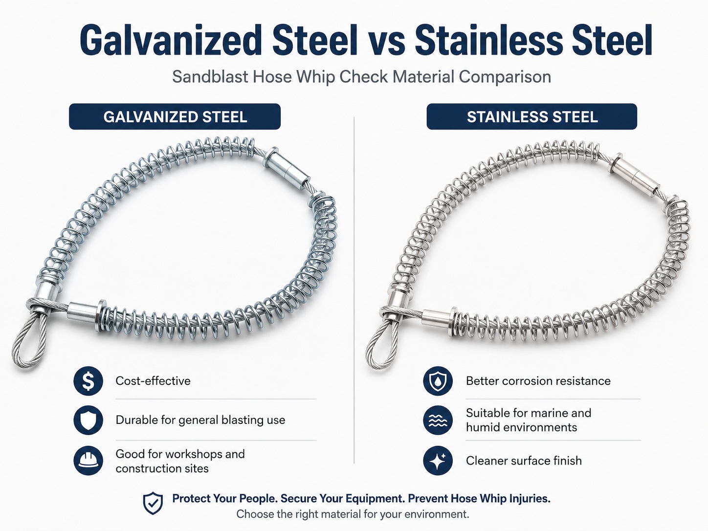 Galvanized steel and stainless steel sandblast hose whip check material comparison