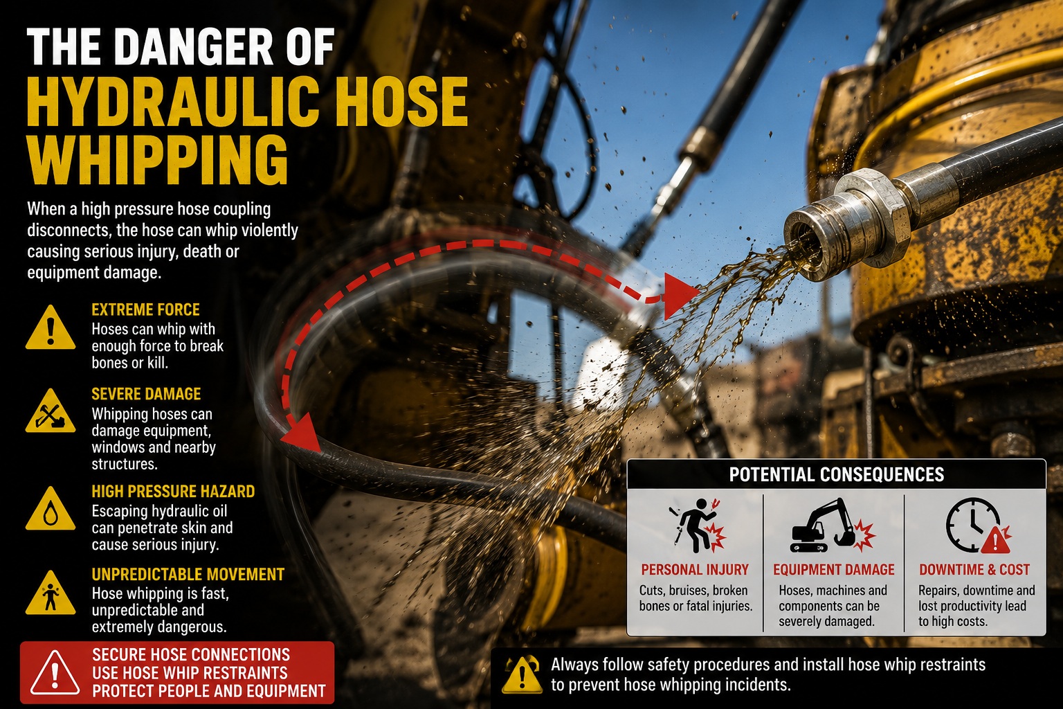 Risk of hydraulic hose whipping when high pressure hose coupling disconnects Risk of hydraulic hose whipping when high pressure hose coupling disconnects