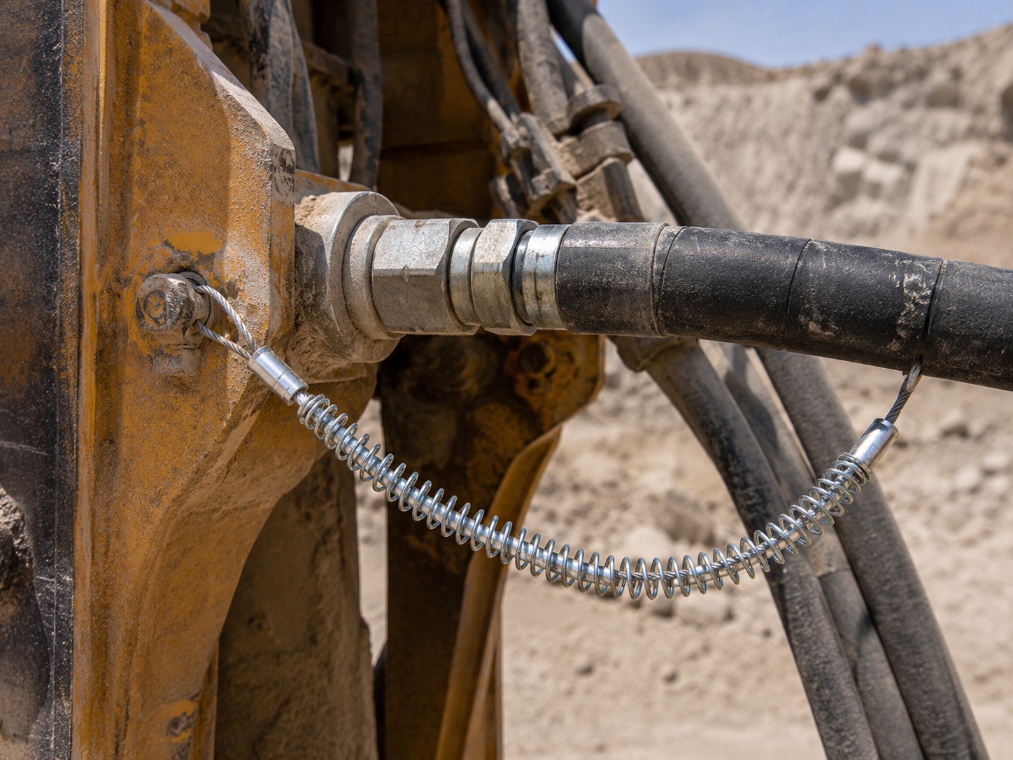 Mining hydraulic hose whip restraint installed on heavy equipment hose connection Mining hydraulic hose whip restraint installed on heavy equipment hose connection