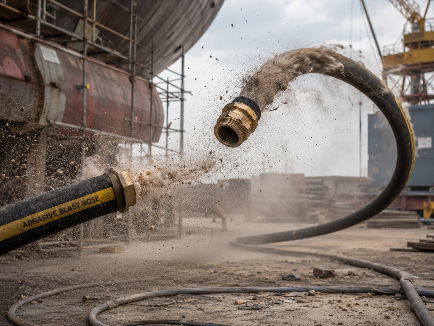 Risk of sandblast hose whipping when abrasive blasting hose coupling disconnects