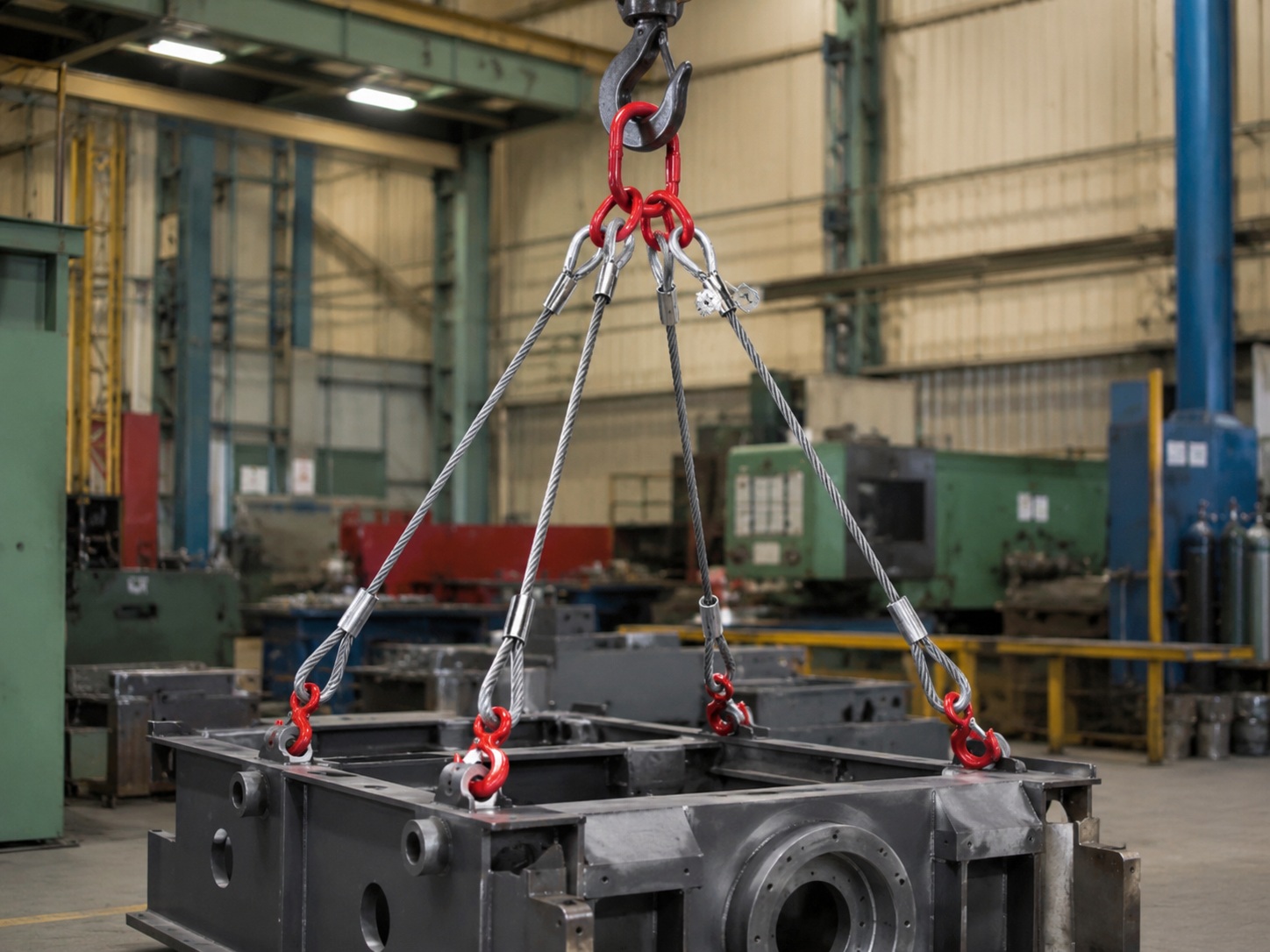 4 leg wire rope sling 16mm x 3m with master link and four hook end fittings for industrial lifting