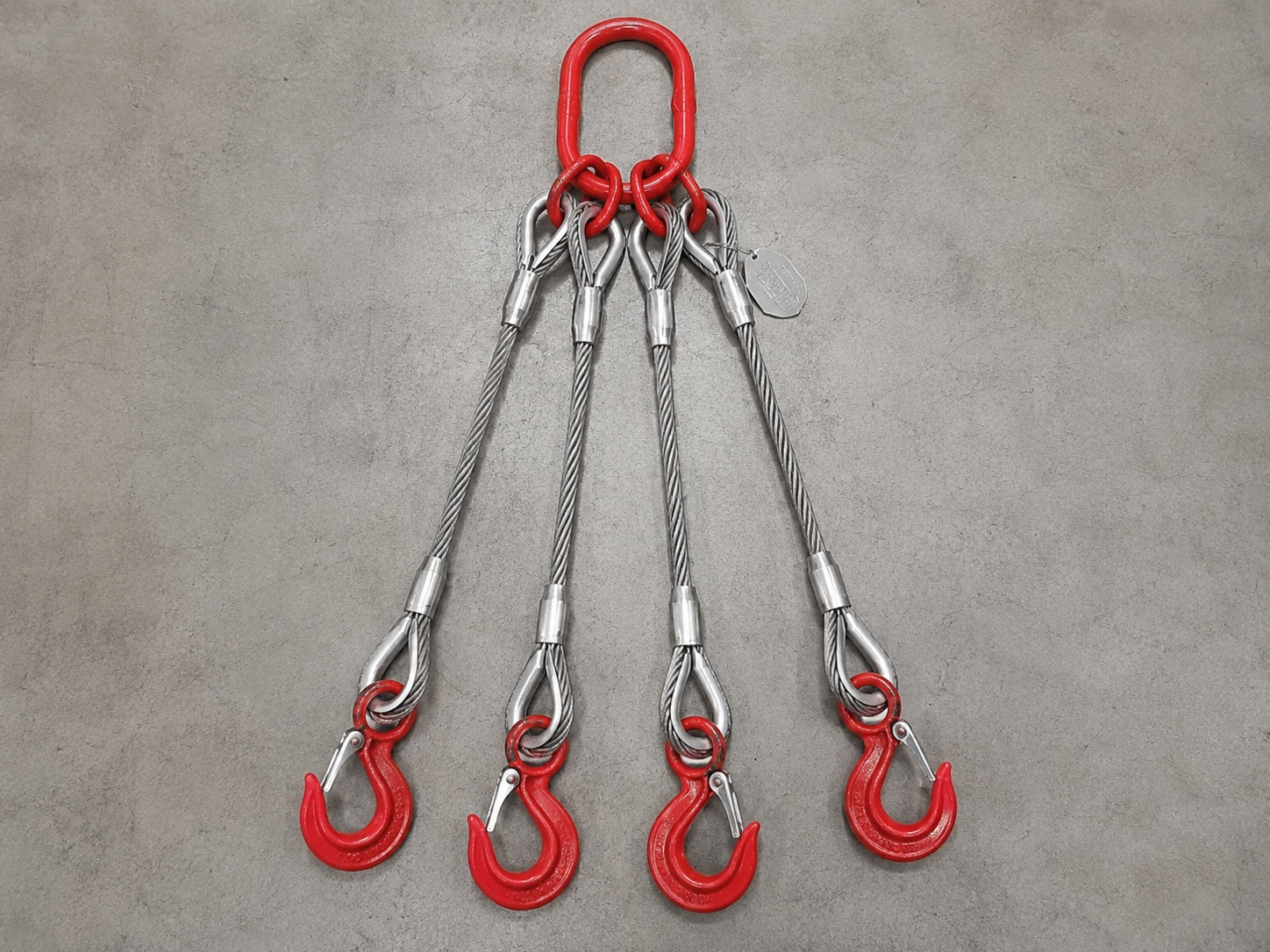 4 leg wire rope sling 16mm x 3m with master link hooks thimble eyes swaged sleeves and metal tag