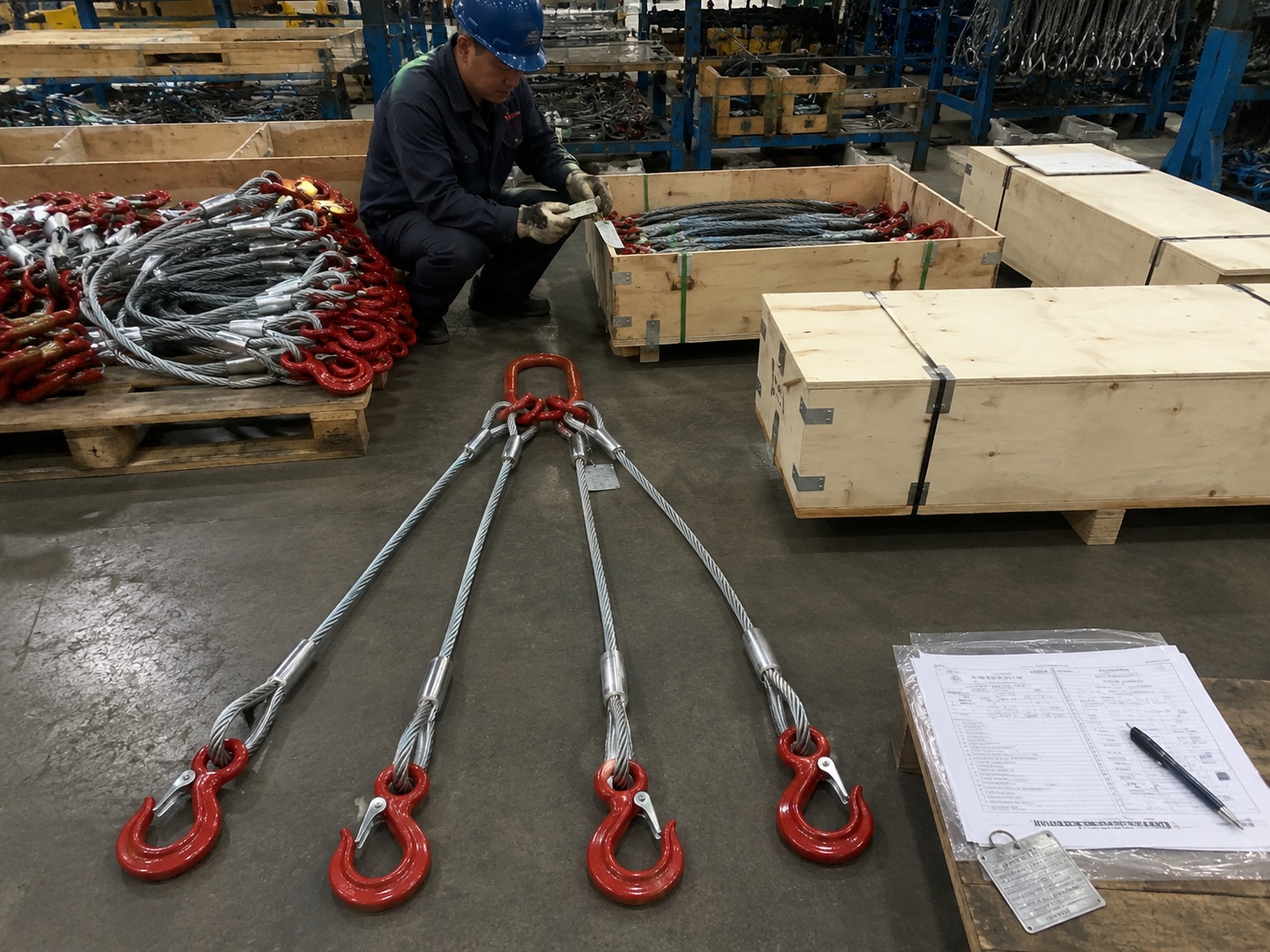 4 leg wire rope sling 16mm x 3m production and packing with inspection documents metal tags pallets and wooden cases