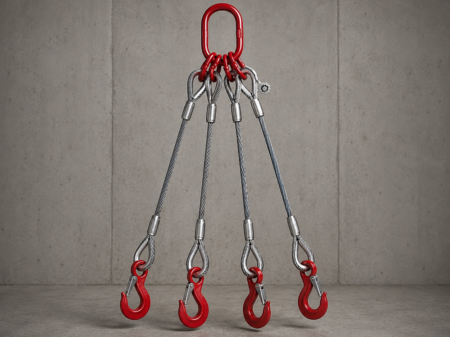 4 leg wire rope sling 16mm x 3m structure with master link four rope legs hooks thimble eyes and swaged sleeves