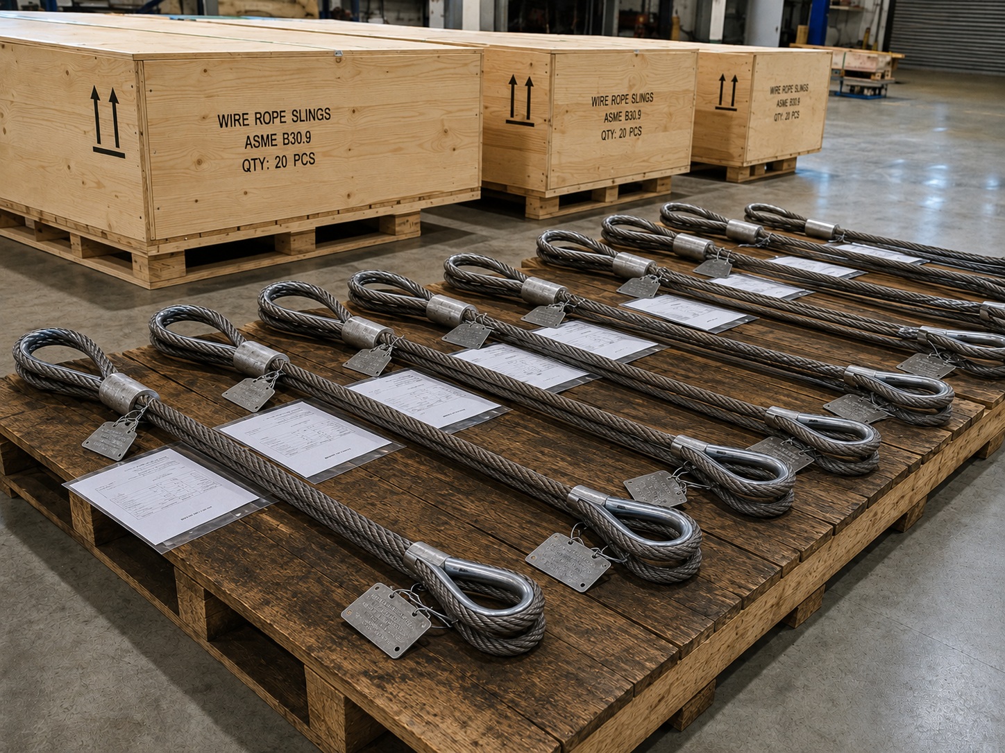 ASME B30.9 Wire Rope Sling Export Packing ASME B30.9 wire rope slings packed with tags documents pallets and export crates