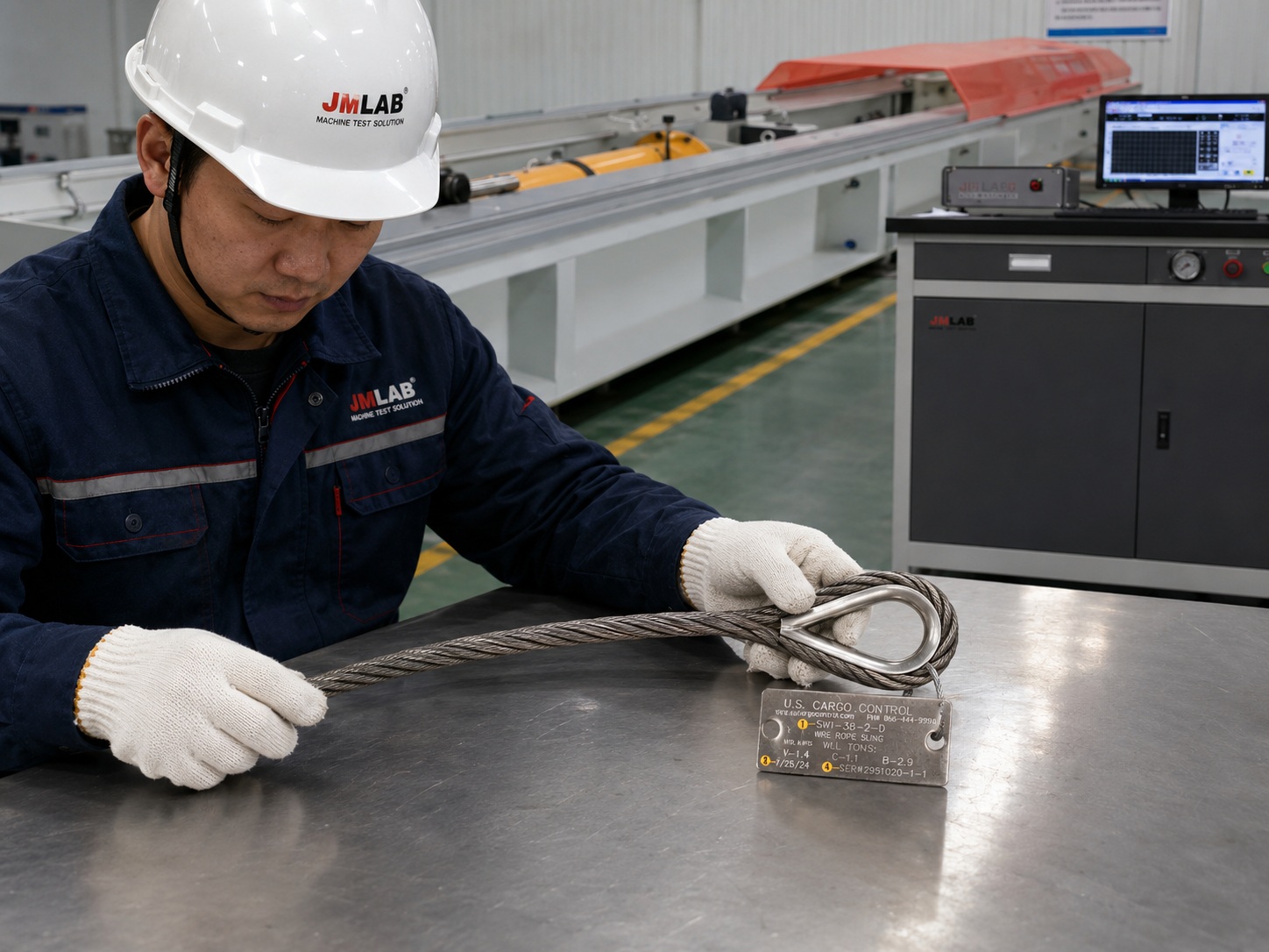 ASME B30.9 Wire Rope Sling Inspection ASME B30.9 wire rope sling inspection with thimble eye swaged sleeve and metal tag