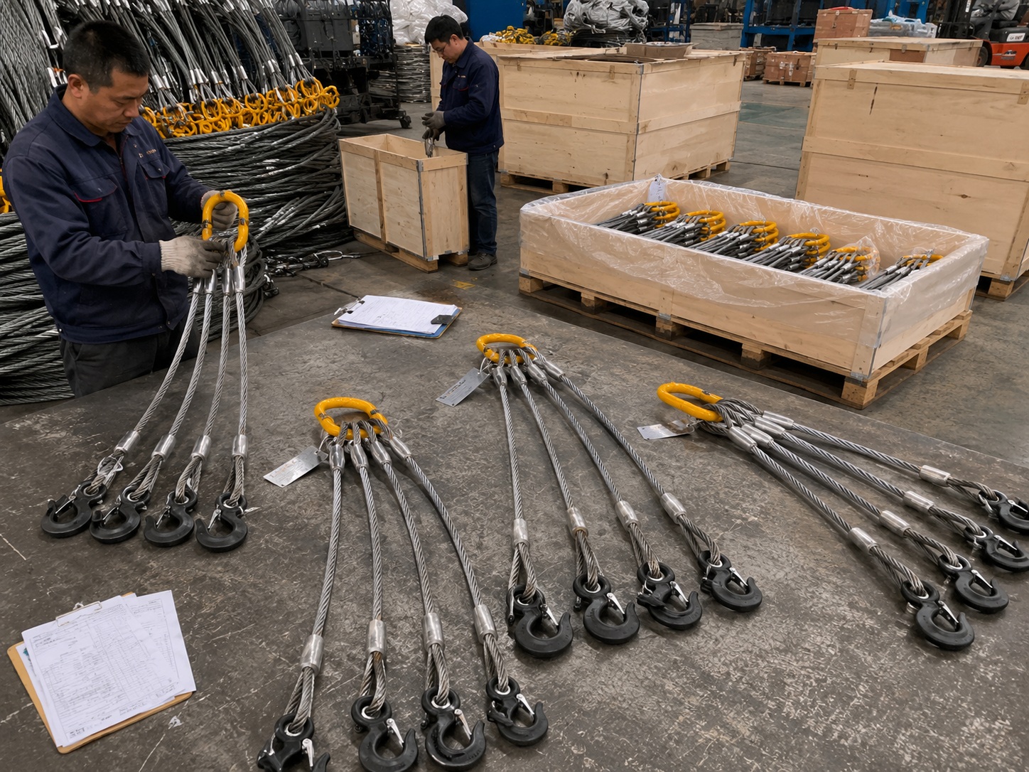 Bridle wire rope sling 16mm x 3m production and packing with inspection documents metal tags pallets and wooden cases