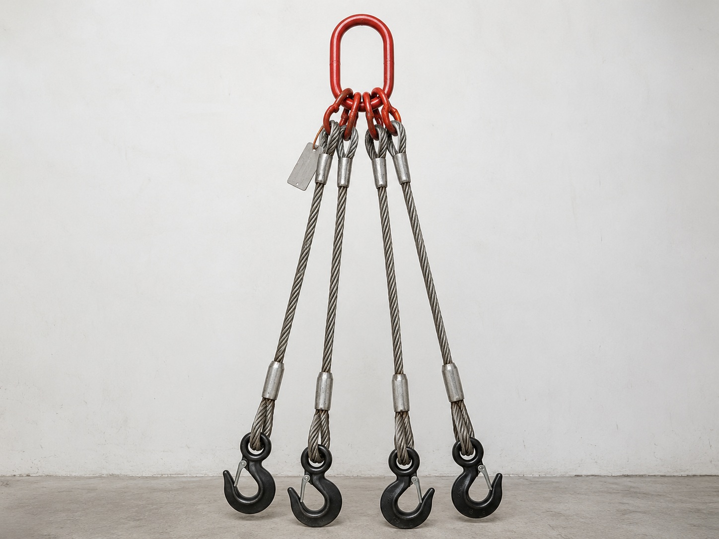Bridle wire rope sling 16mm x 3m structure with master link four rope legs hooks thimble eyes and swaged sleeves