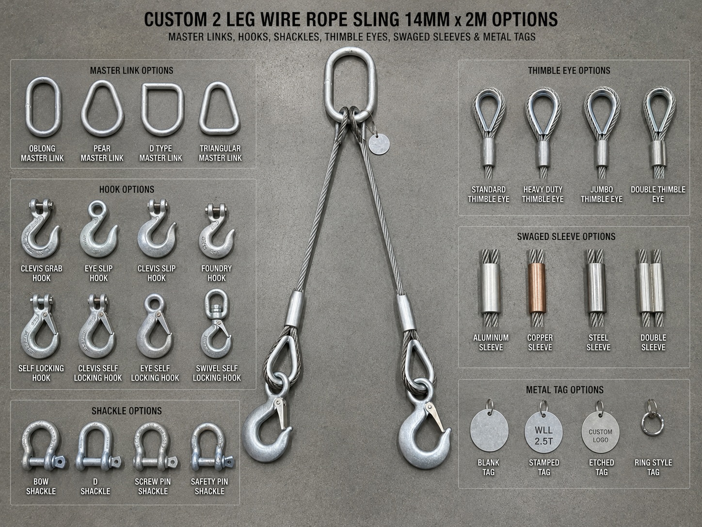 Custom 2 Leg Wire Rope Sling 14mm x 2m Options Custom 2 leg wire rope sling 14mm x 2m options with master links hooks shackles thimble eyes swaged sleeves and metal tags