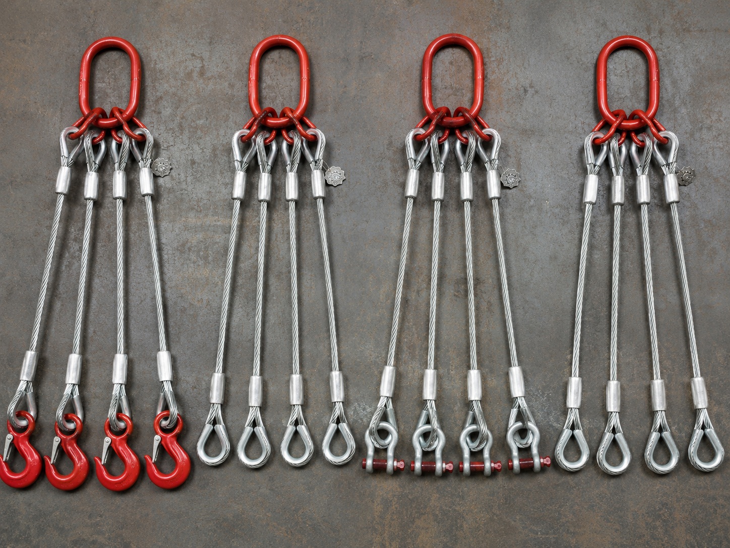 Custom 4 leg wire rope sling 16mm x 3m options with master links hooks shackles thimble eyes swaged sleeves and metal tags