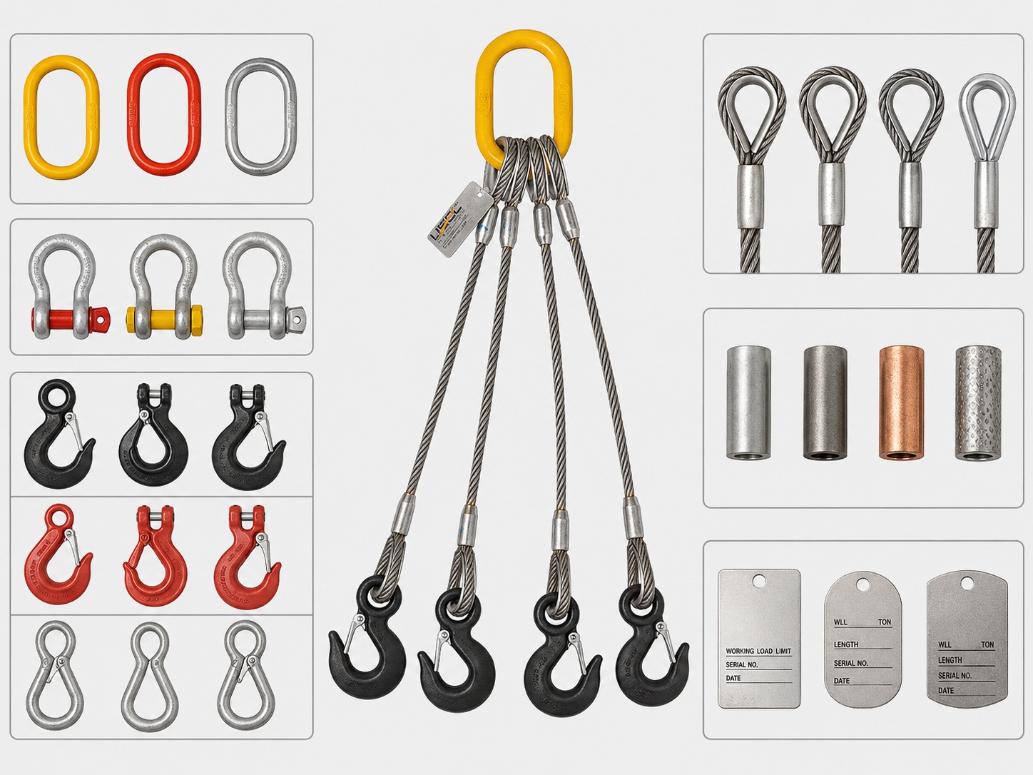 Custom bridle wire rope sling 16mm x 3m options with master links hooks shackles thimble eyes swaged sleeves and metal tags