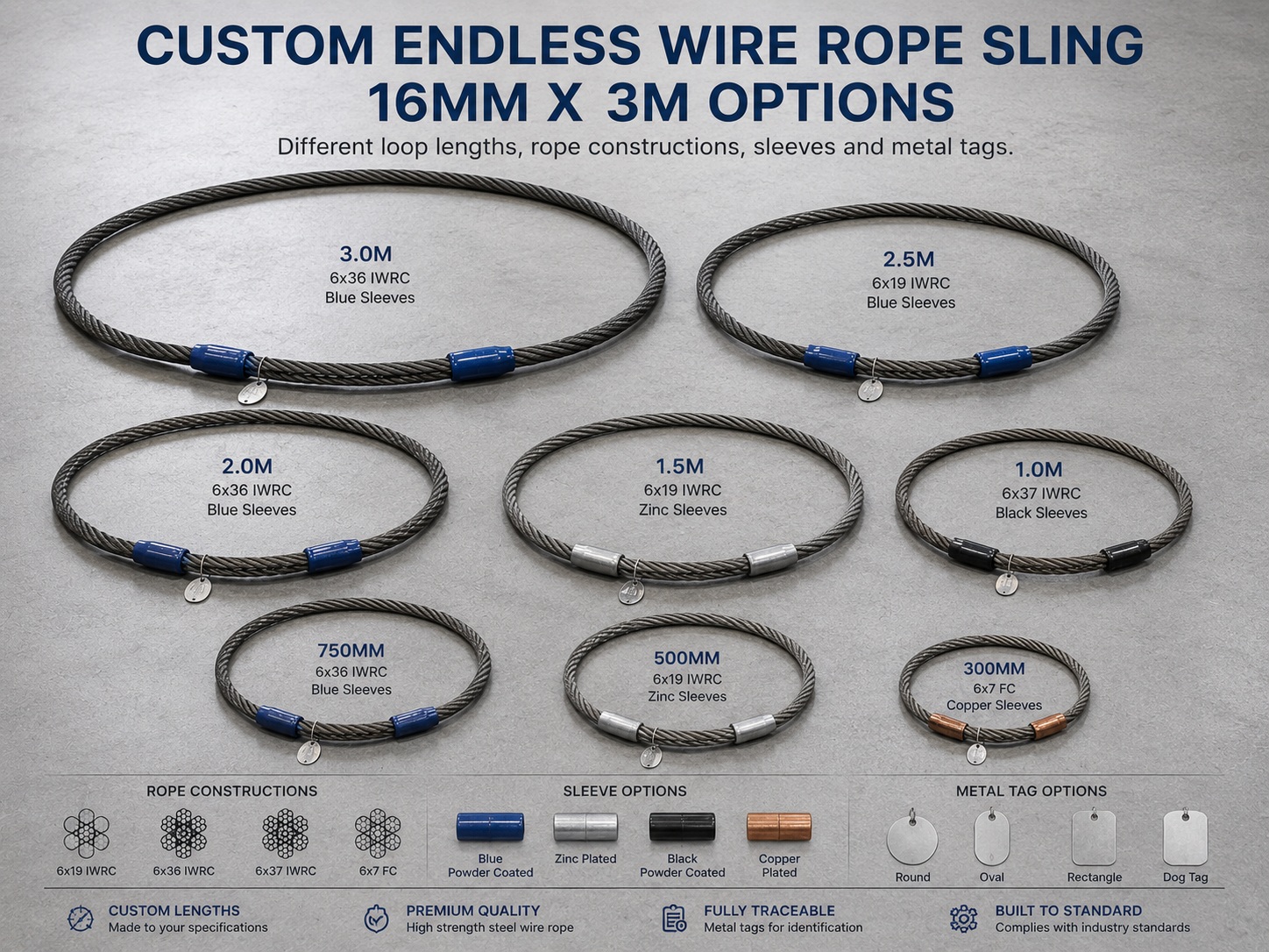 Custom Endless Wire Rope Sling 16mm x 3m Options Custom endless wire rope sling 16mm x 3m options with different loop lengths rope constructions sleeves and metal tags