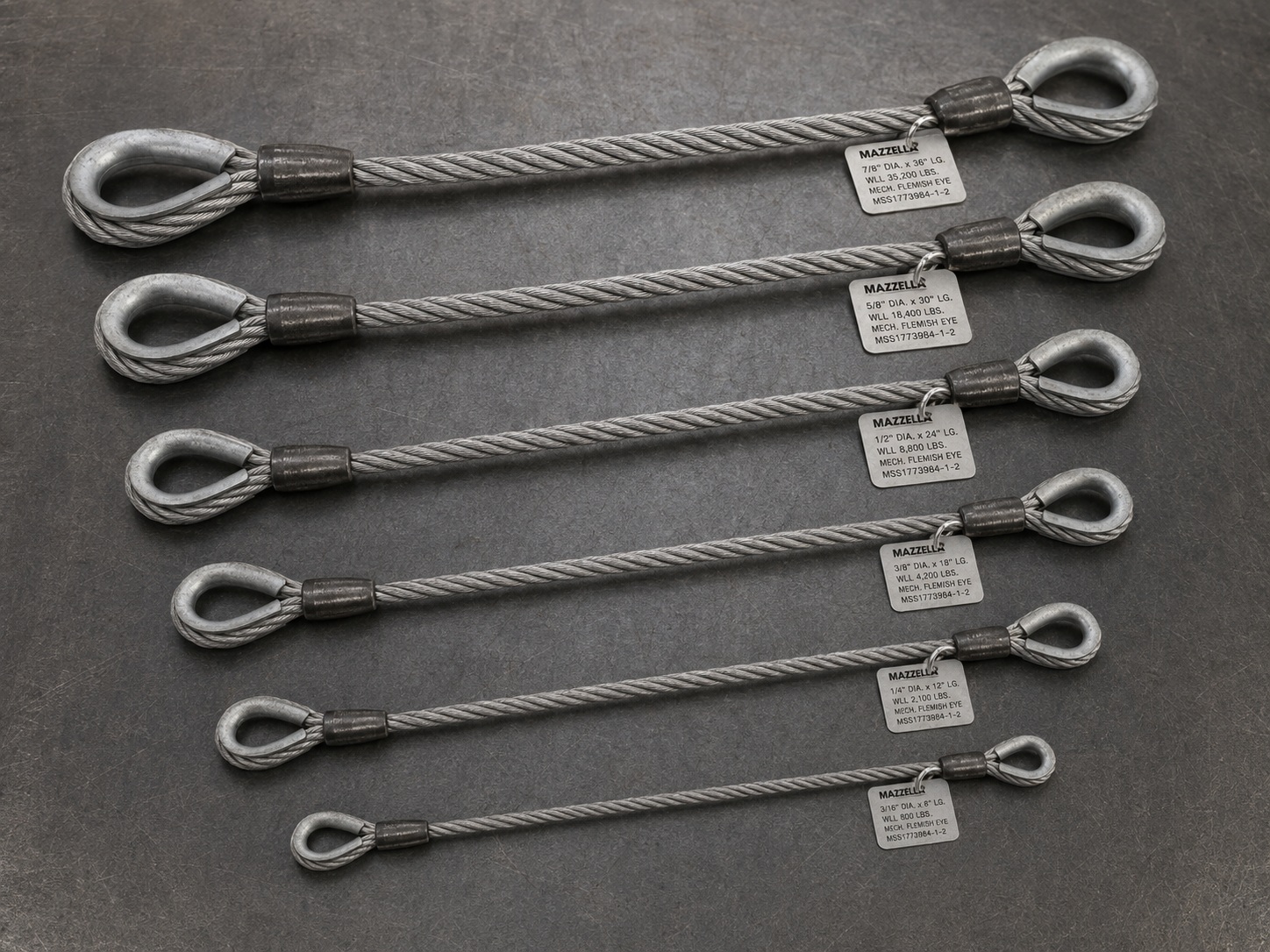 Custom Flemish eye wire rope sling options with different rope diameters eye sizes thimbles swaged sleeves and metal tags