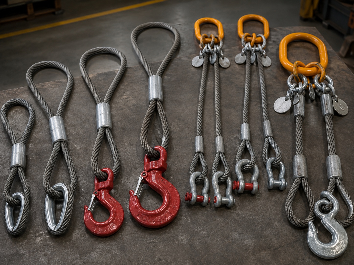 Custom Heavy Duty Wire Rope Sling Options Custom heavy duty wire rope sling options with large thimble eyes hooks shackles master links and metal tags