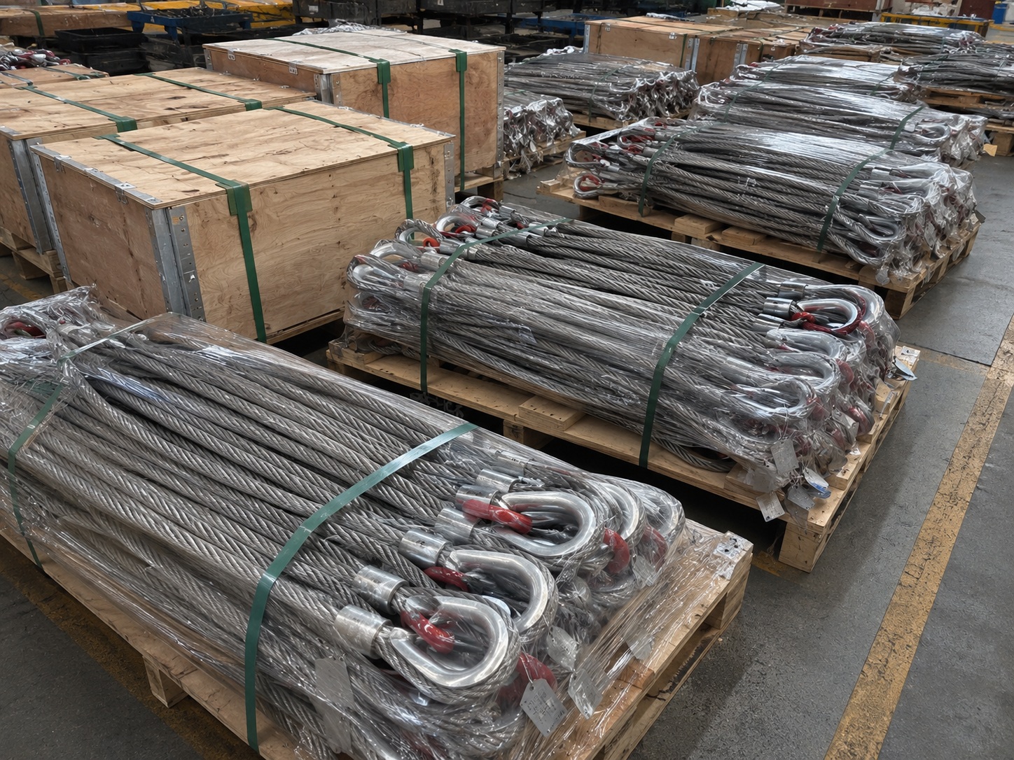 Custom Marine Wire Rope Sling Export Packing Custom marine wire rope sling packed on pallets and wooden crates for export delivery