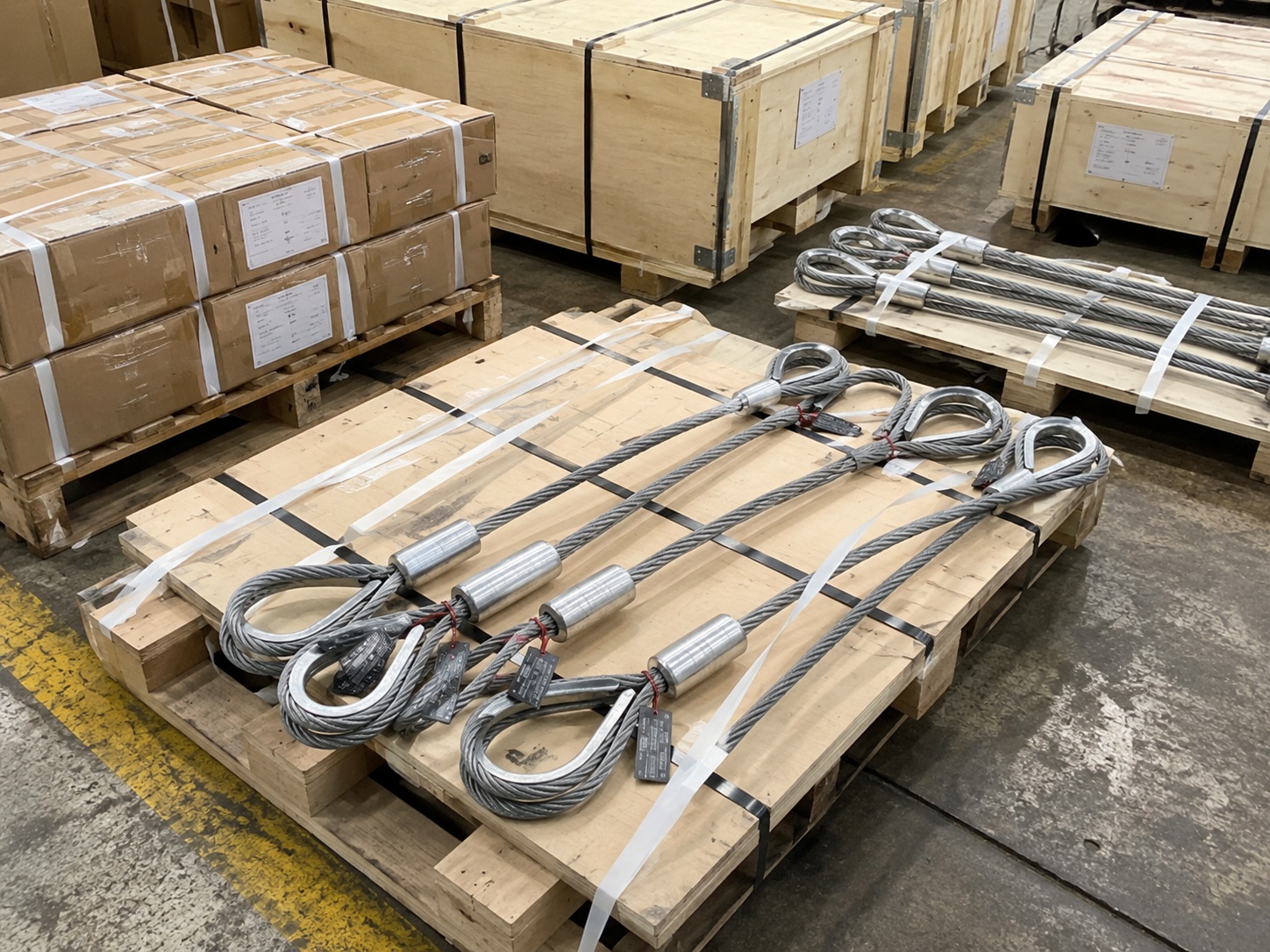 Custom Offshore Wire Rope Sling Packaging Custom offshore wire rope sling packed with tags pallets and export crates for marine projects