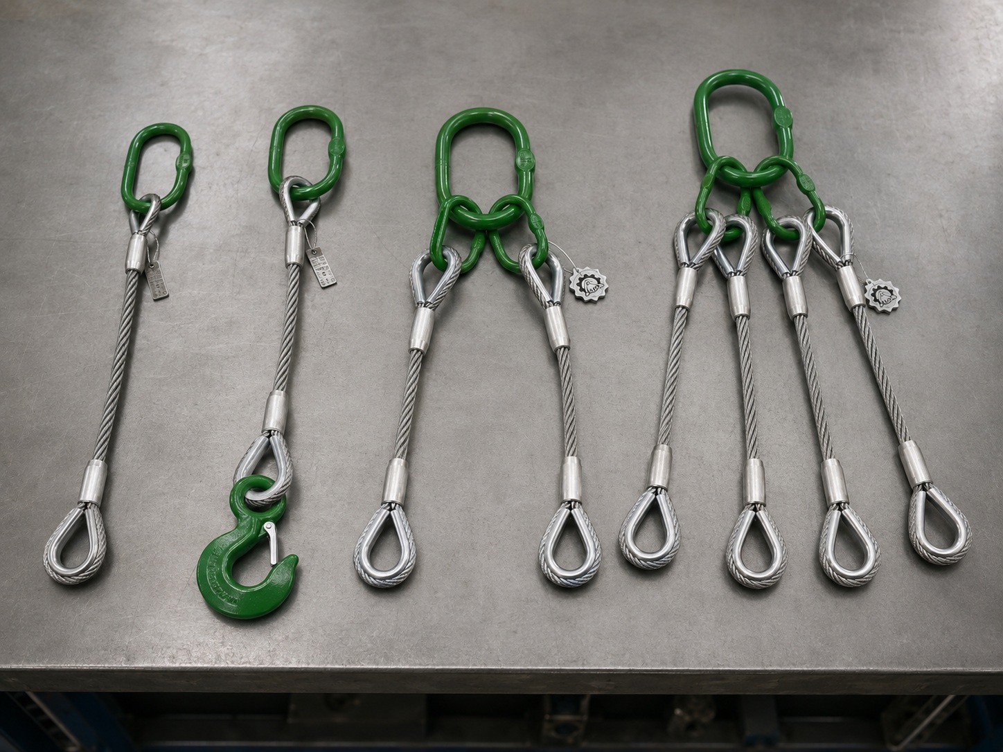Custom steel wire rope sling options with thimble eyes hooks shackles and metal tags