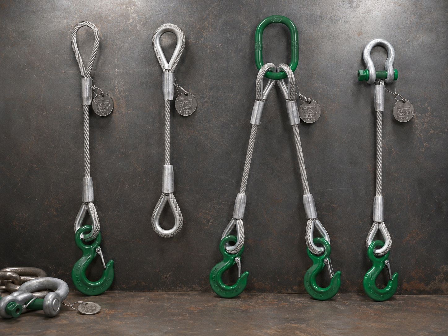 Custom wire rope lifting sling options with hooks thimble eyes master links shackles and metal tags