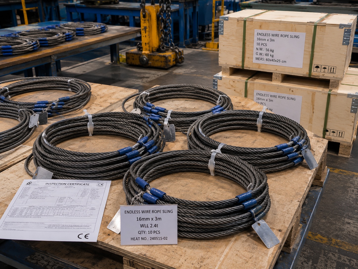 Endless Wire Rope Sling 16mm x 3m Production and Packing Endless wire rope sling 16mm x 3m production and packing with inspection documents metal tags pallets and wooden cases