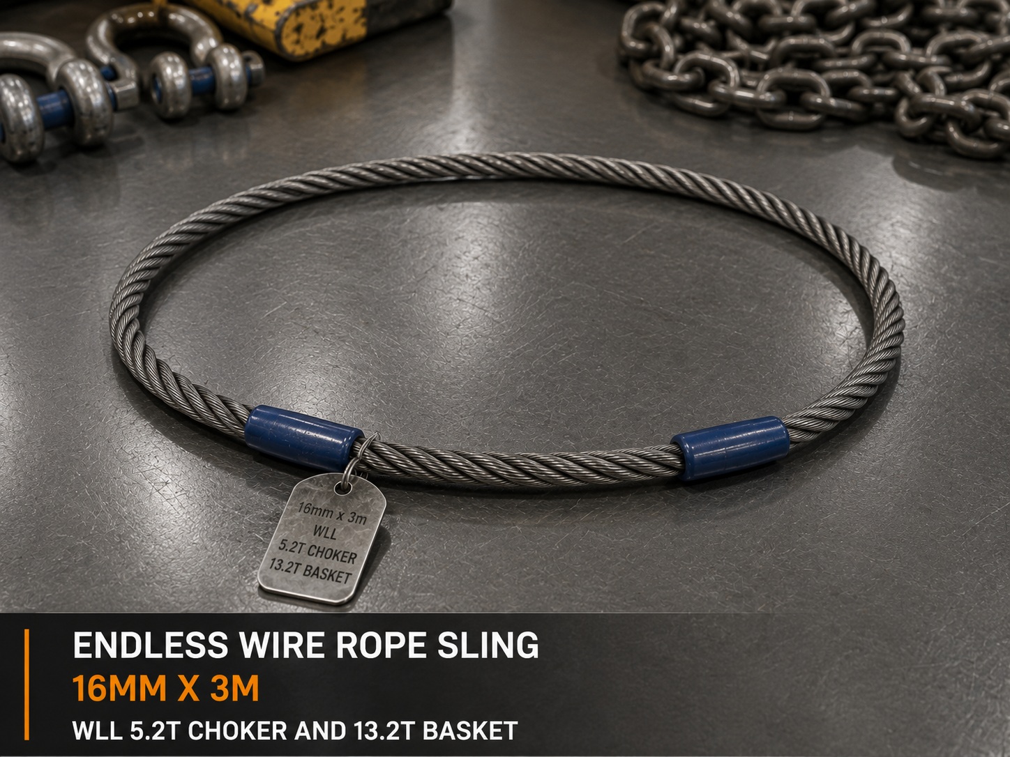 Endless Wire Rope Sling 16mm x 3m WLL 13.2T Endless wire rope sling 16mm x 3m WLL 5.2T choker and 13.2T basket with pressed sleeves metal tag and loop body
