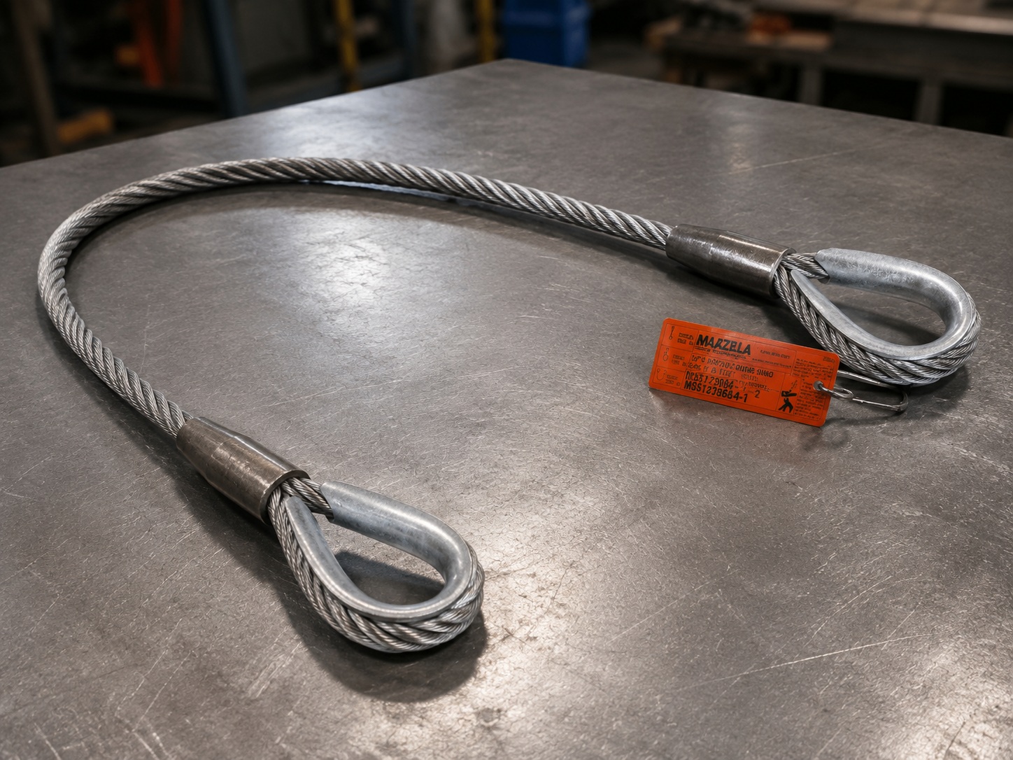 Flemish eye wire rope sling 5/8in x 10ft WLL 3.9T vertical with mechanical splice thimble eyes swaged steel sleeve and metal tag