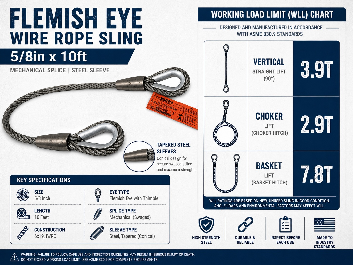 Flemish eye wire rope sling 5/8in x 10ft WLL chart for 3.9T vertical 2.9T choker and 7.8T basket
