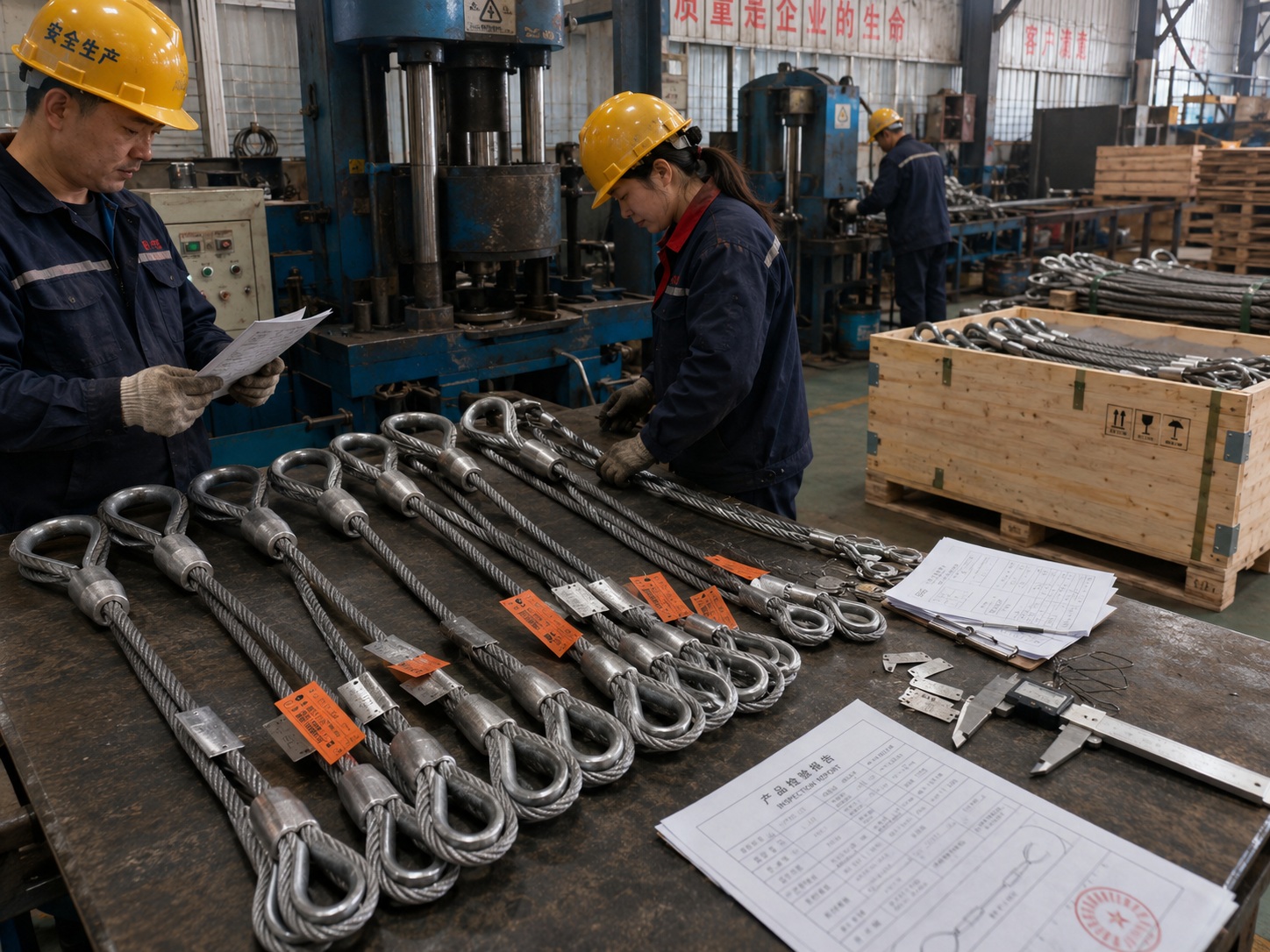 Flemish eye wire rope sling production and packing with inspection documents metal tags pallets and wooden cases