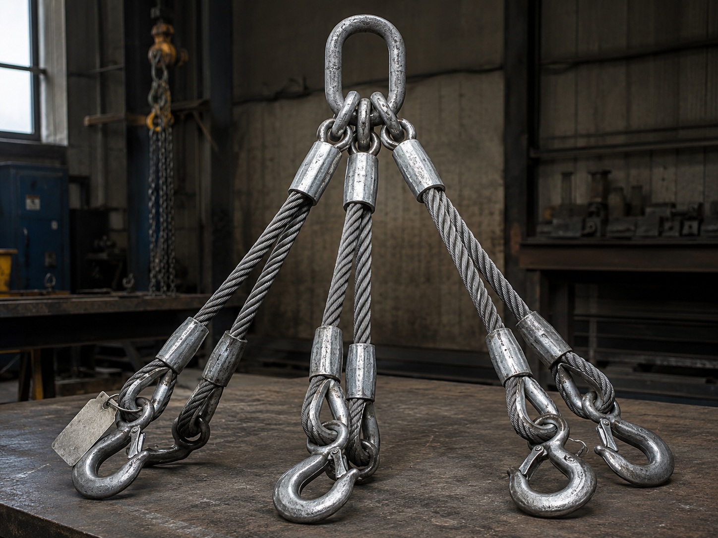 Heavy Duty Wire Rope Sling for Critical Lifting Heavy duty wire rope sling with thimble eyes swaged sleeves master link hooks and metal tag for critical lifting