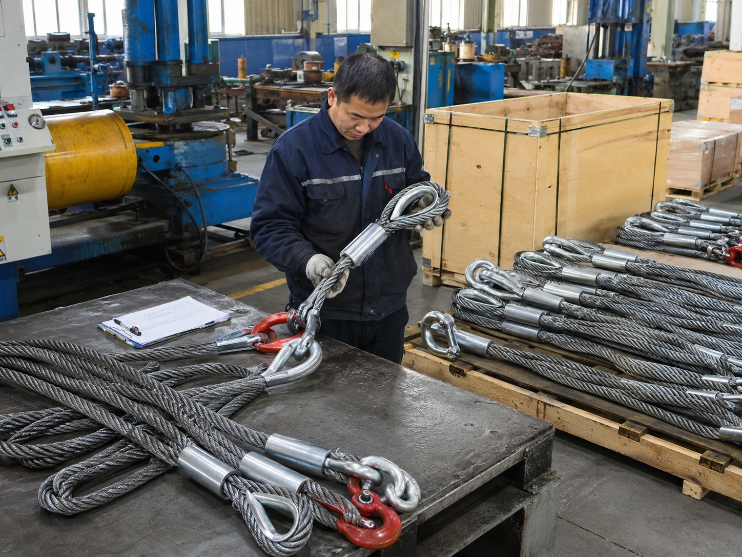 Heavy Duty Wire Rope Sling Production and Packing Heavy duty wire rope sling production and packing with inspection documents metal tags pallets and wooden cases