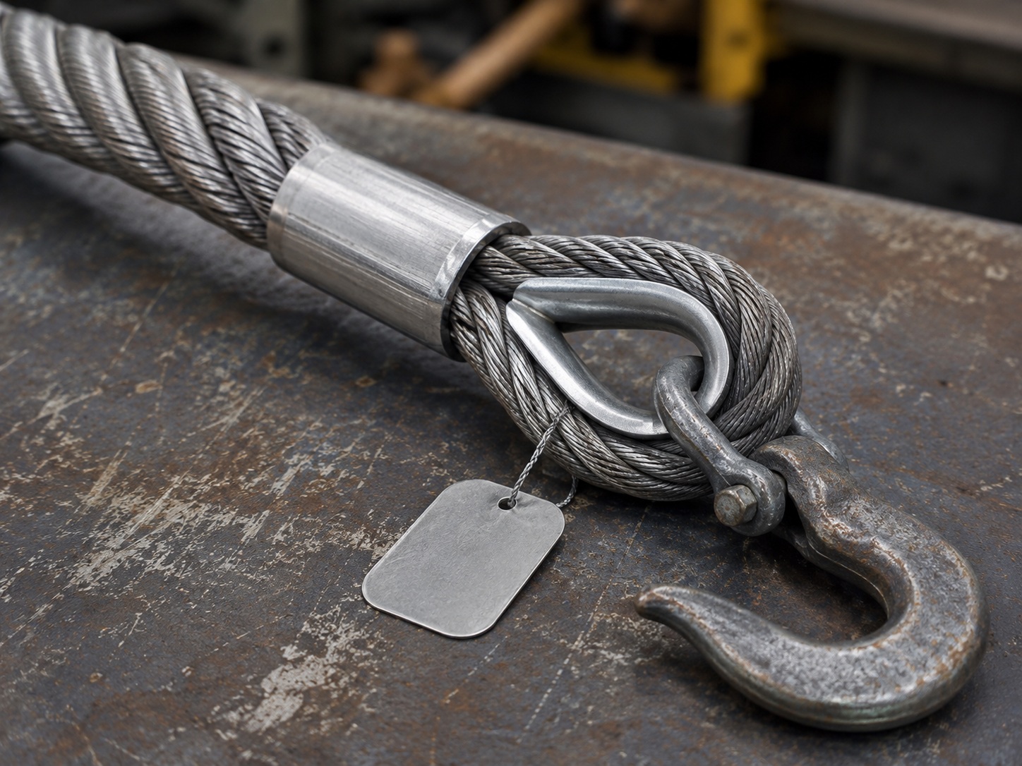 Heavy Duty Wire Rope Sling Structure Details Heavy duty wire rope sling structure with large diameter rope thimble eye pressed sleeve hook and metal tag