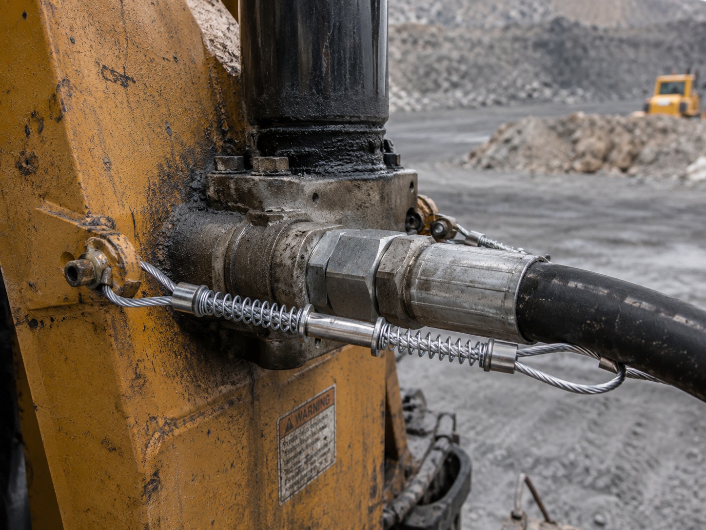 High pressure hose restraint for mining equipment hose connection