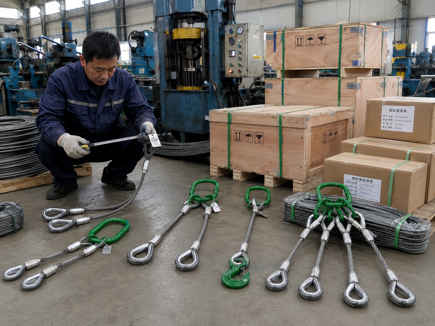 Steel wire rope sling production and packing with pallets wooden cases metal tags and inspection documents