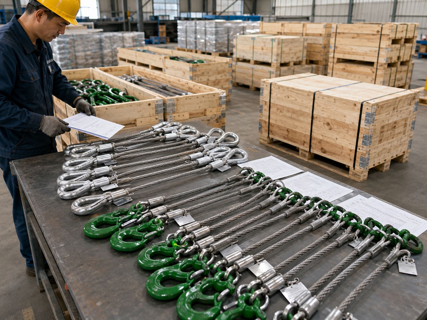Wire rope lifting sling production and packing with metal tags inspection documents pallets and wooden cases