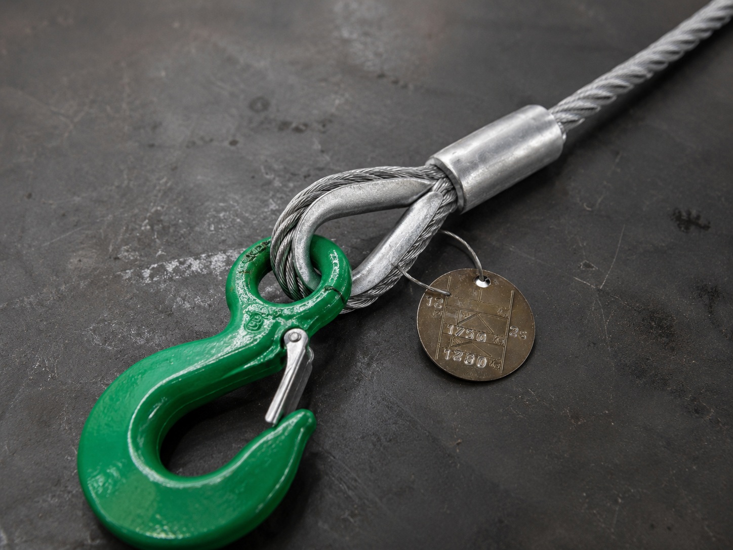 Wire rope lifting sling structure with single rope body thimble eye pressed sleeve hook and metal tag